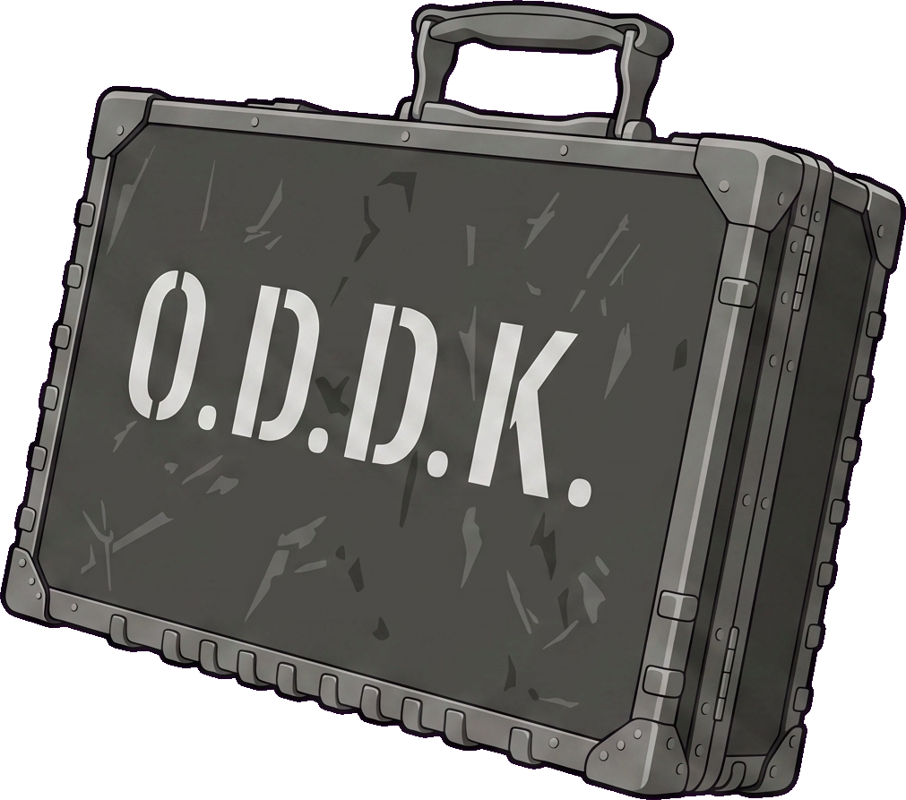 A scuffed metal flight case stencilled O.D.D.K.