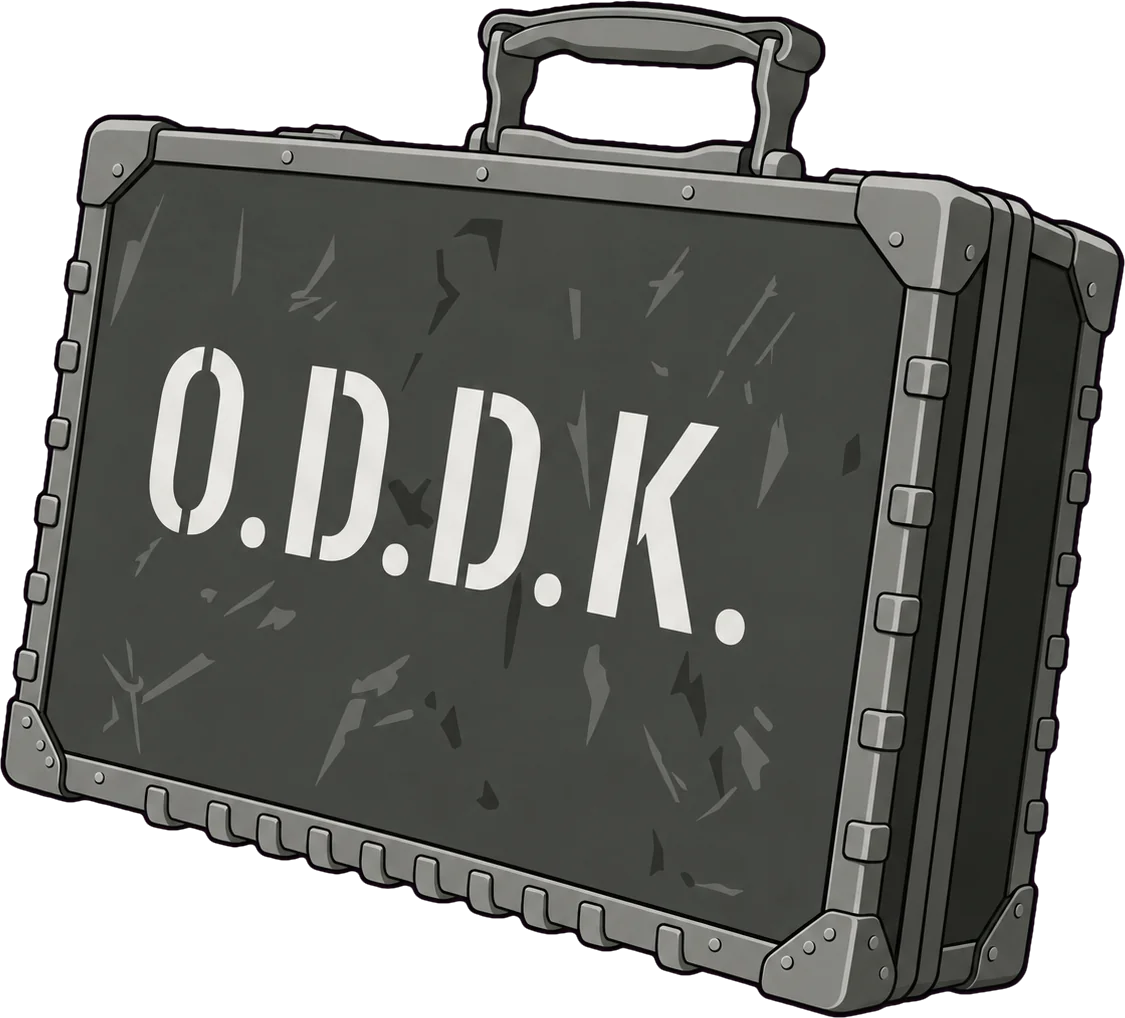 A scuffed metal flight case stencilled O.D.D.K.